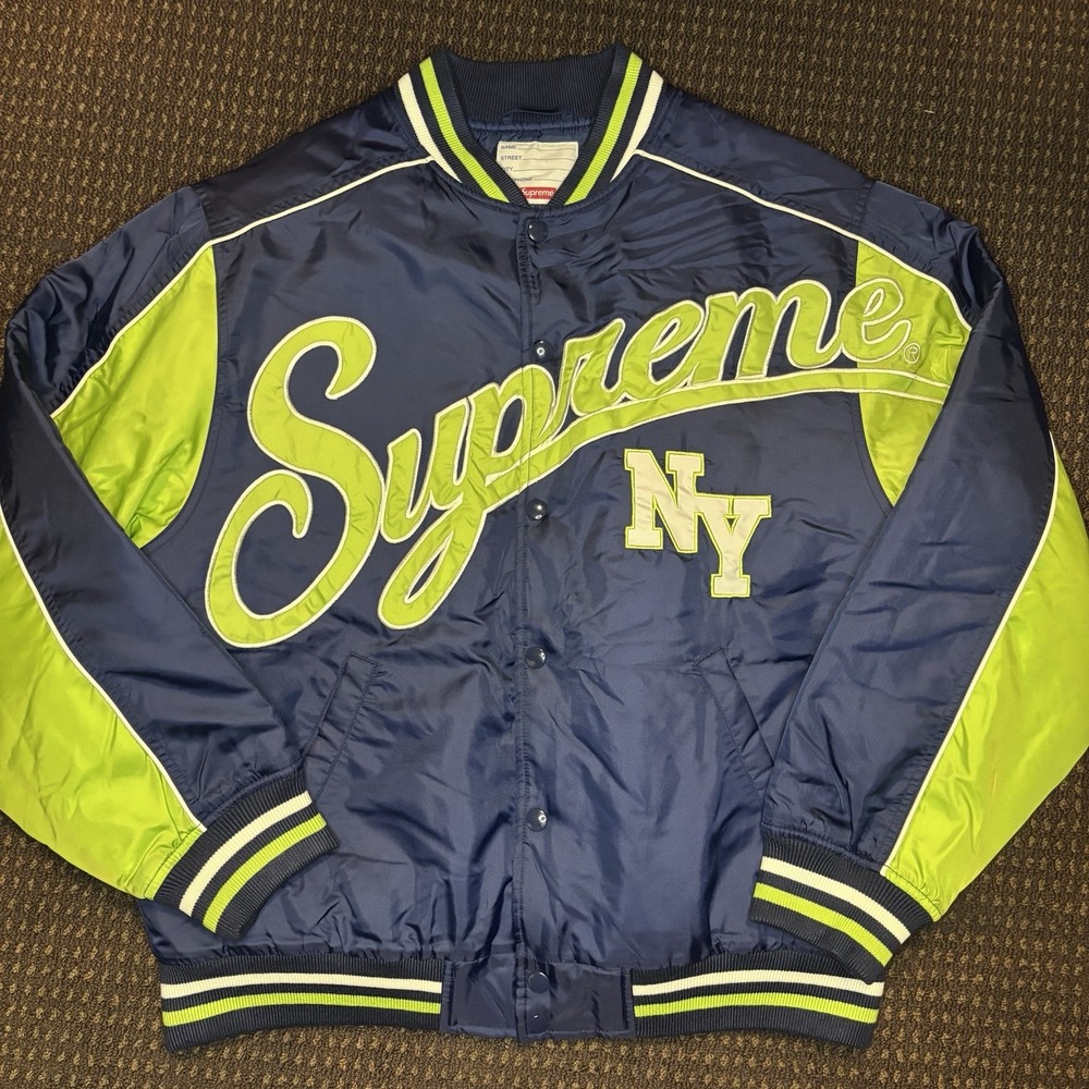 Supreme Team Varsity Jacket Navy Lime Green FW20 Script Logo NY Spellout Size M